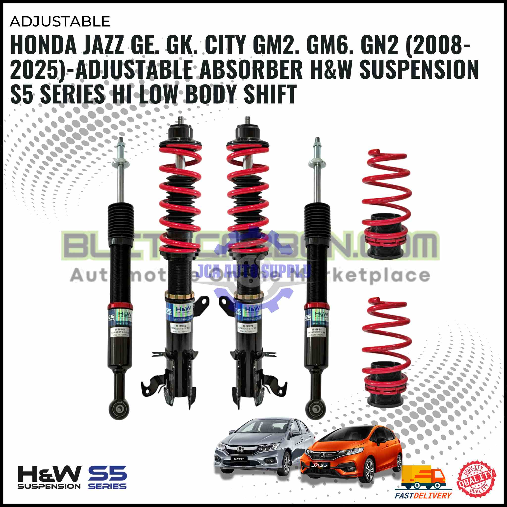 Honda Jazz GE. GK. CITY GM2. GM6. GN2 (2008-2025)-Adjustable Absorber H&W Suspension S5 Series Hi Low Body Shift