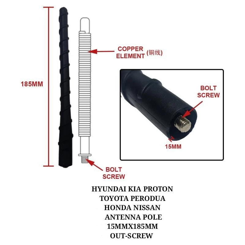 HYUNDAI KIA PROTON TOYOTA PERODUA HONDA NISSAN ANTENNA POLE15MMX185MMOUT-SCREW