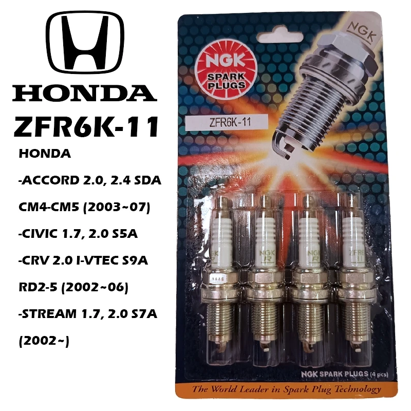 (ZFR6K-11) NGK Spark Plug Honda Accord Sda 2002-2007 Crv S9a 2001-2006 Stream S7a (4pcs) Zfr6k-11