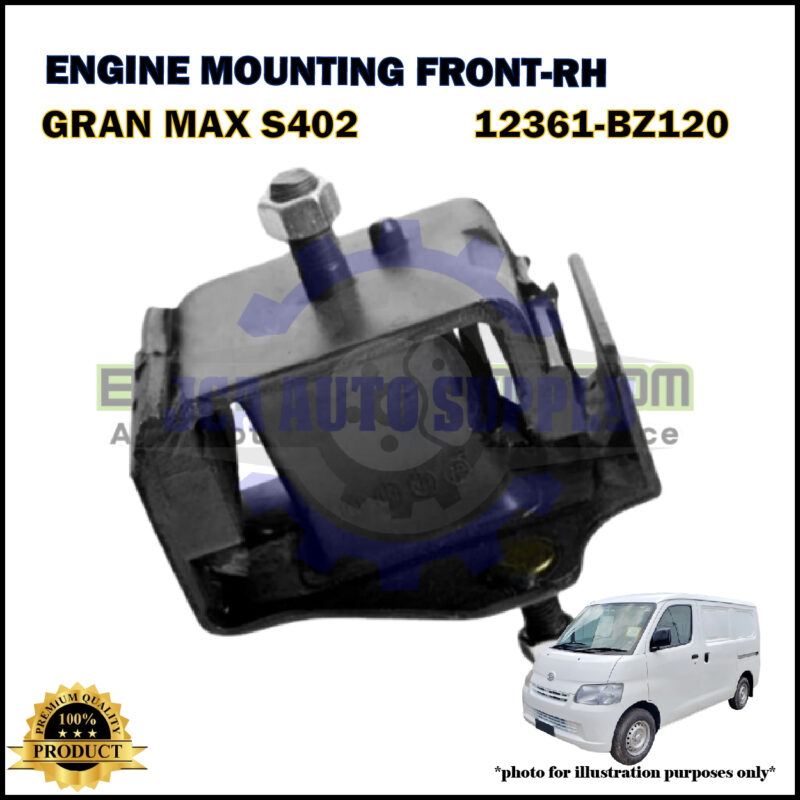 Engine mounting front-right for Gran Max S402 (part number 12361-BZ120) shown in close-up with a white van at the bottom-right; branding and labels displayed on the image.