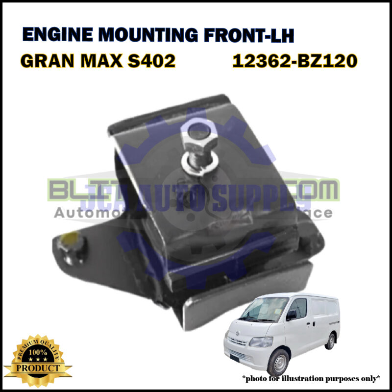 A black engine mounting part is shown above a white van image. Text reads ENGINE MOUNTING FRONT-LH, GRAN MAX S402, 12362-BZ120, with product and illustration disclaimer labels.