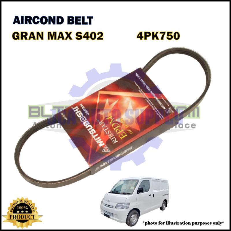 Air conditioning belt for Gran Max S402 (4PK750) by Mitsuboshi is shown, with product packaging centered and a white van at the bottom right. Text and a 100% product badge are also present.