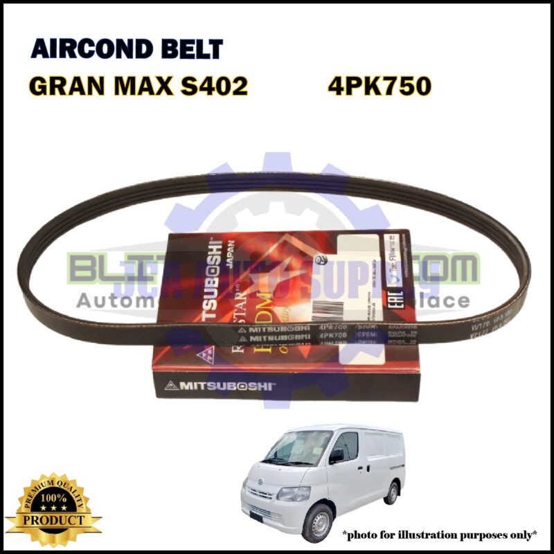Image shows a Mitsubishi air conditioning belt (4PK750) for Gran Max S402, displayed with its packaging. There is a white van at the bottom right and a gold 100% product certified badge at the bottom left.
