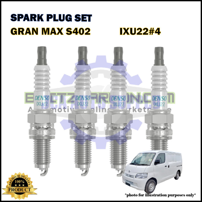Four Denso IXU22 spark plugs are displayed upright in a row above a white van. Text reads Spark Plug Set Gran Max S402 IXU22#4. Additional graphics include a gold 100% product badge.